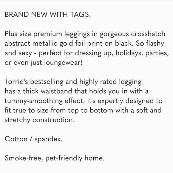 NWT 🆕️ TORRID SZ 4 Metallic Gold Foil Premium Stretch Leggings - Picture 4 of 4